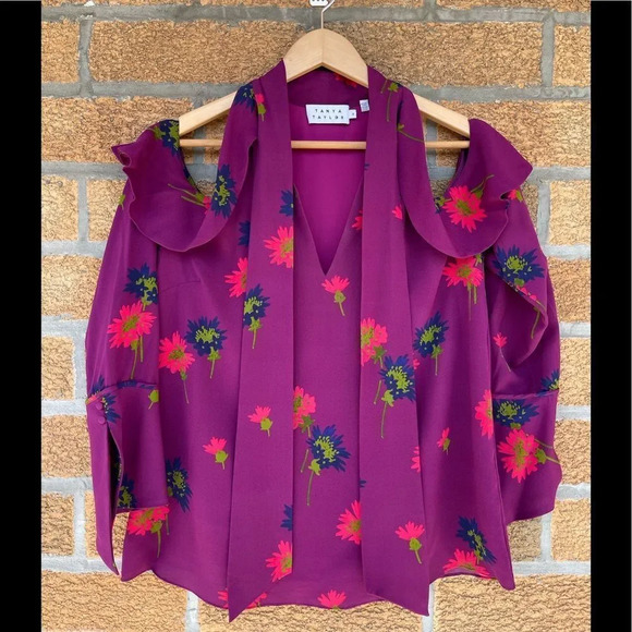 Tanya Taylor Adriene Spaced-Out Floral Cold-Shoulder Silk Blouse size LARGE/4 - Picture 3 of 12